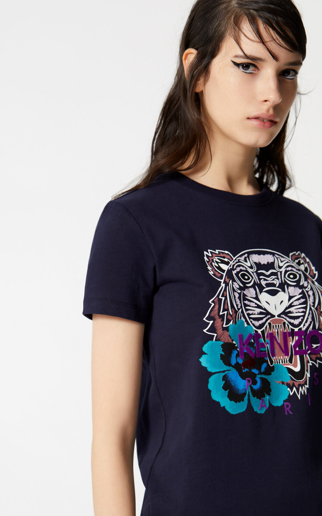 T Shirt Kenzo Femme Indonesian Flower Tiger Bleu Foncé NDYXA-8670